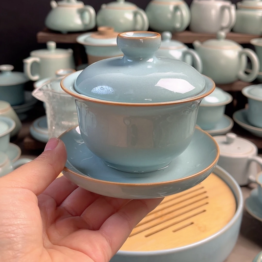 陶摆件瓷天青纯手工三才元宝盖碗