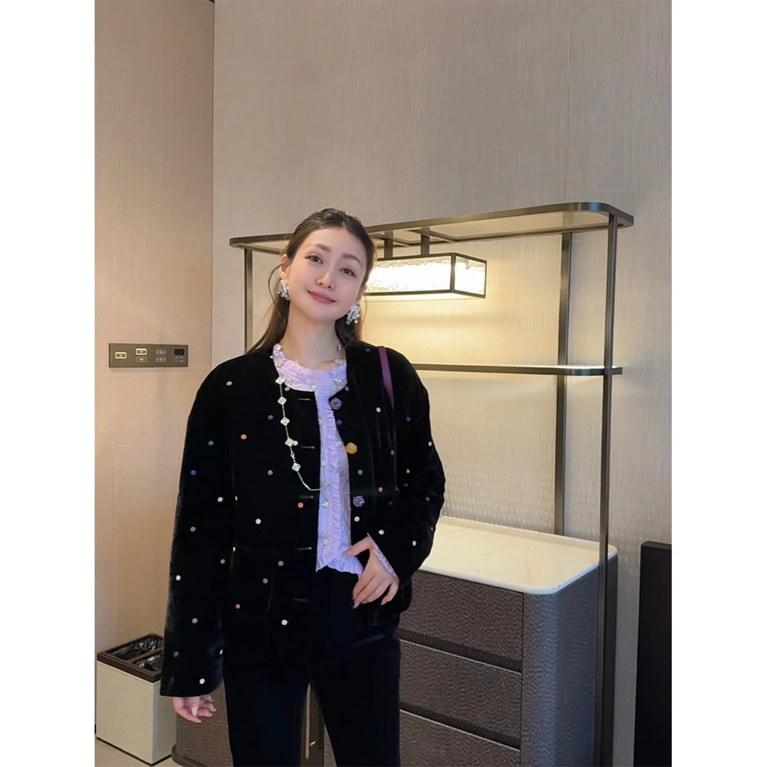 W·HAHA【冰岛极光】 绣彩色波点丝绒夹棉外套80813