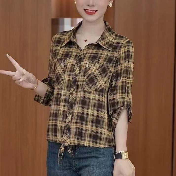 时尚休闲九分袖衬衫女2025春季新款小个子减龄遮肉显瘦格纹小衫