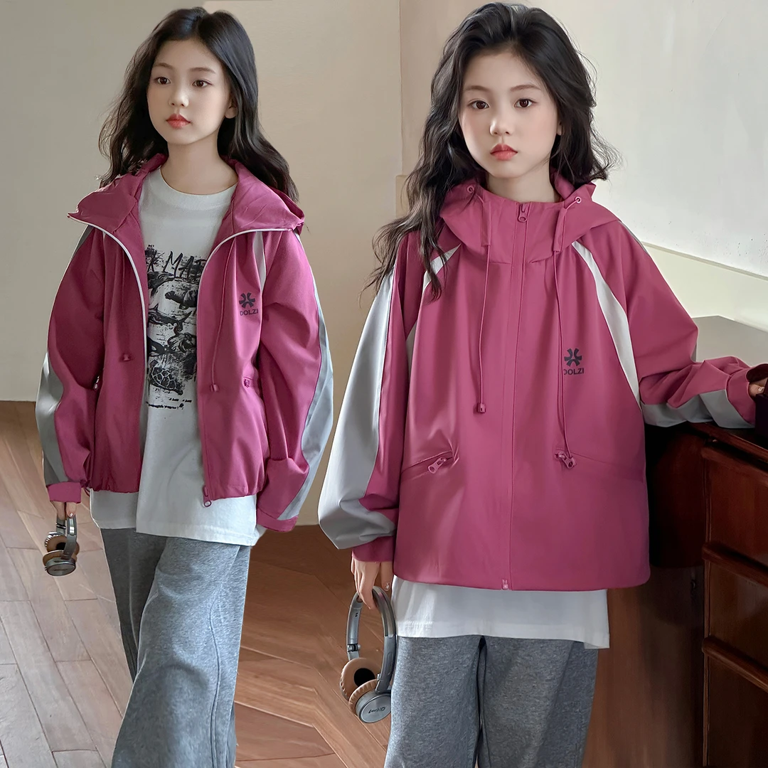 女童风衣外套春秋款2025新款小女孩连帽休闲韩版拼色洋气冲锋衣潮