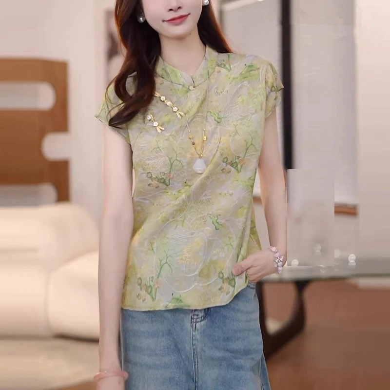 新中式国风高级感人丝提花短袖衬衫女夏季复古宽松显瘦红云纱上衣