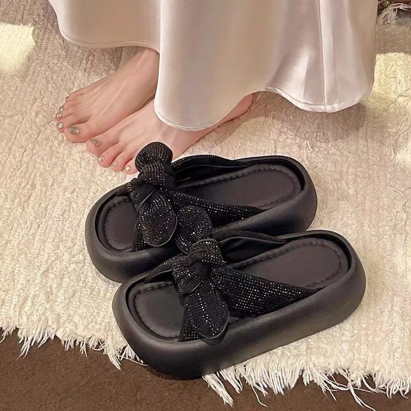 【退货补运费】欧若风水钻外穿休闲一字鞋蝴蝶结厚底沙滩拖鞋女6025