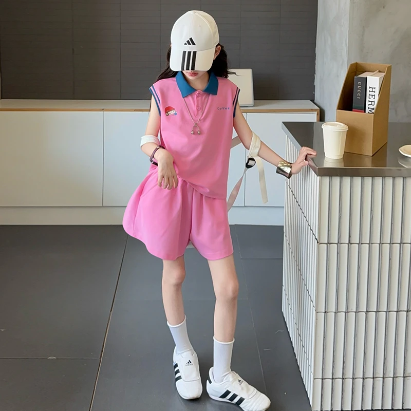 女童夏季套装2025新款儿童洋气薄款无袖polo夏装中大童短裤两件套