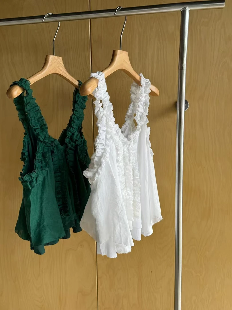 小众设计系列2025夏季新款百搭圆领木耳边吊带背心亚麻上衣女