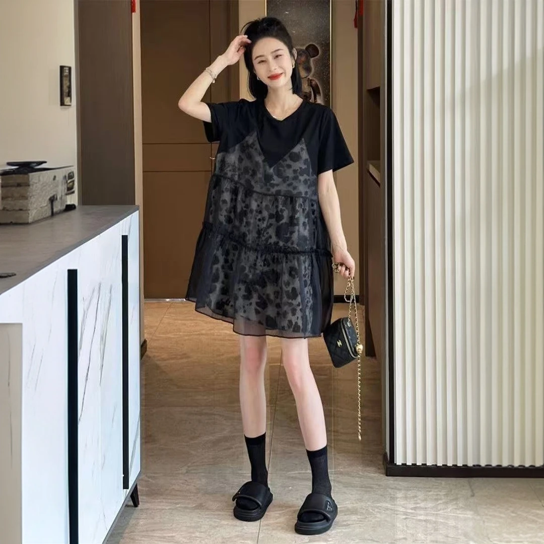 假两件拼接连衣裙女夏季2025新款小个子气质显瘦薄款遮肚子短裙子