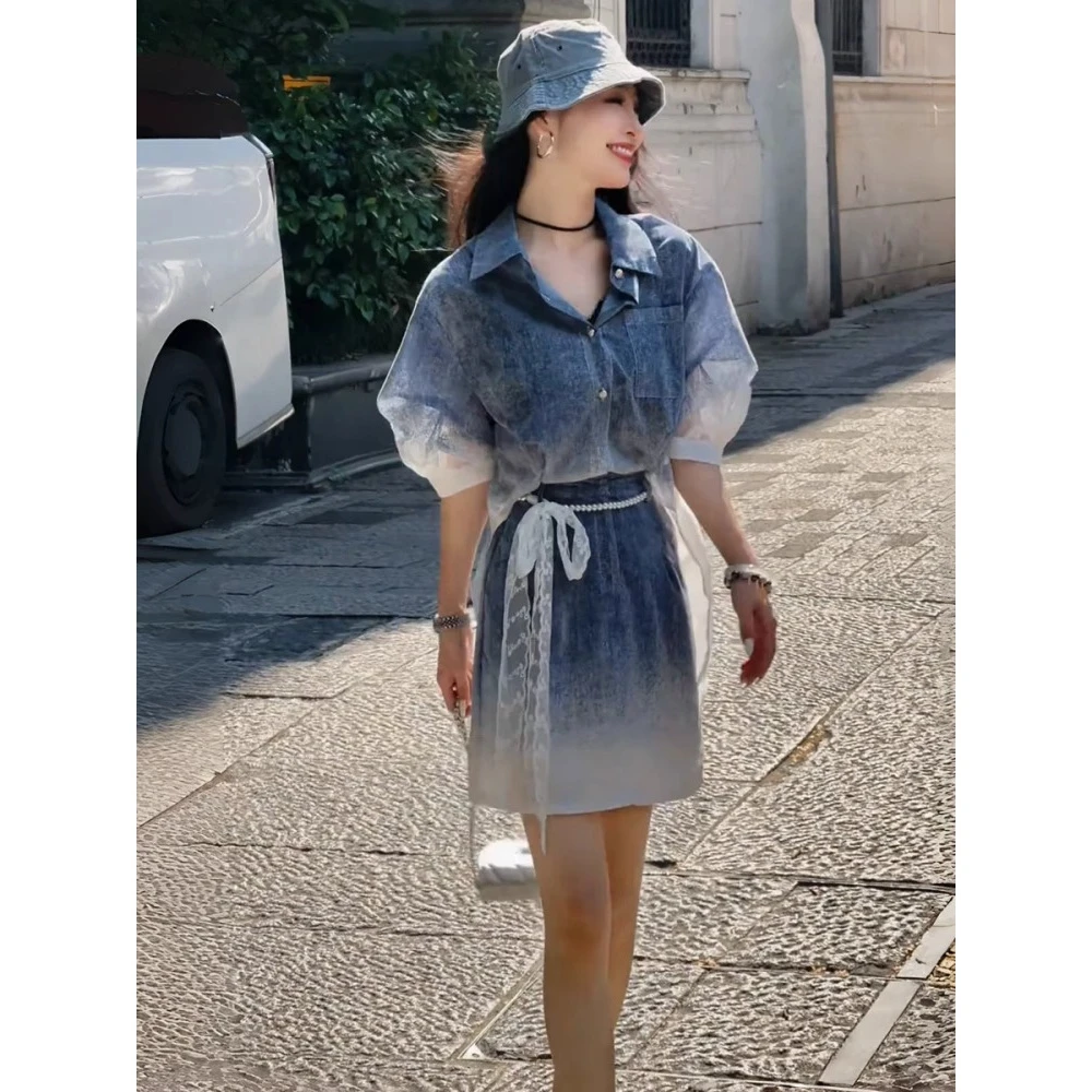 【夏日穿搭】渐变色假两件连衣裙女装2025新款设计感气质显瘦衬衣裙