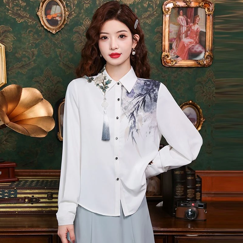 2025新款高级感复古刺绣衬衫国风重工流苏长袖小衫衬衣新中式女装