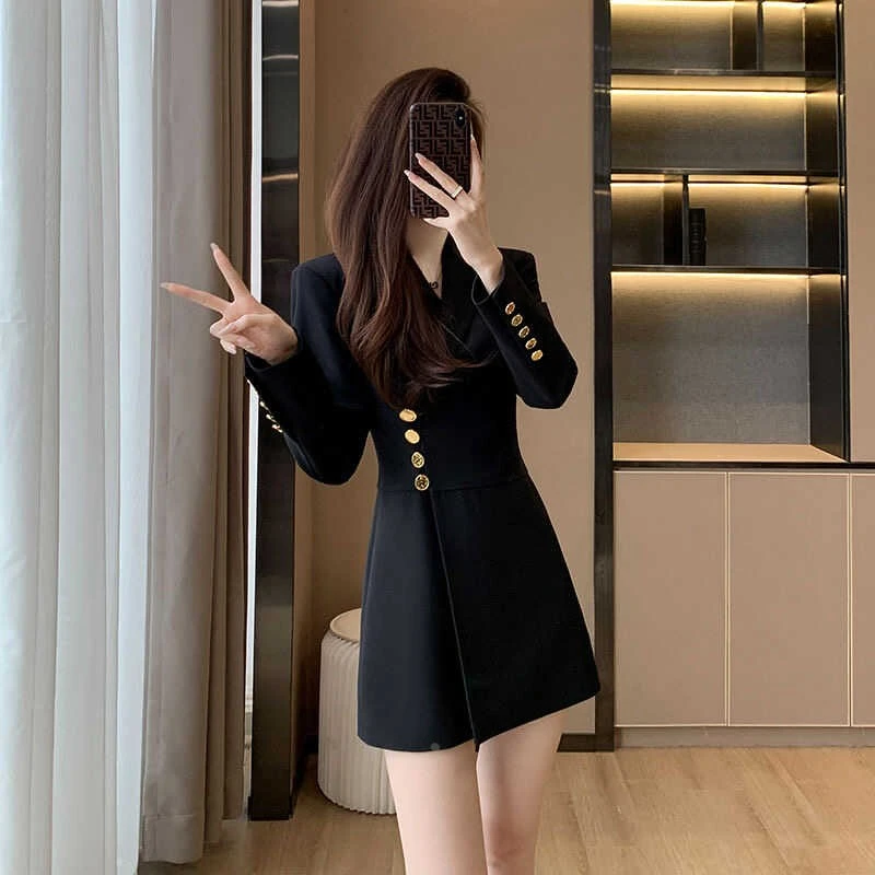 端庄气质干练女装赫本小香风高级感中长款西服休闲黑色西装连衣裙