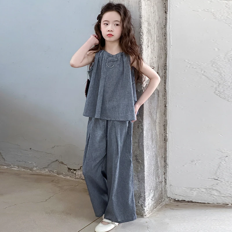 女童夏季无袖背心吊带套装女大童儿童夏装宽松阔腿裤休闲两件套