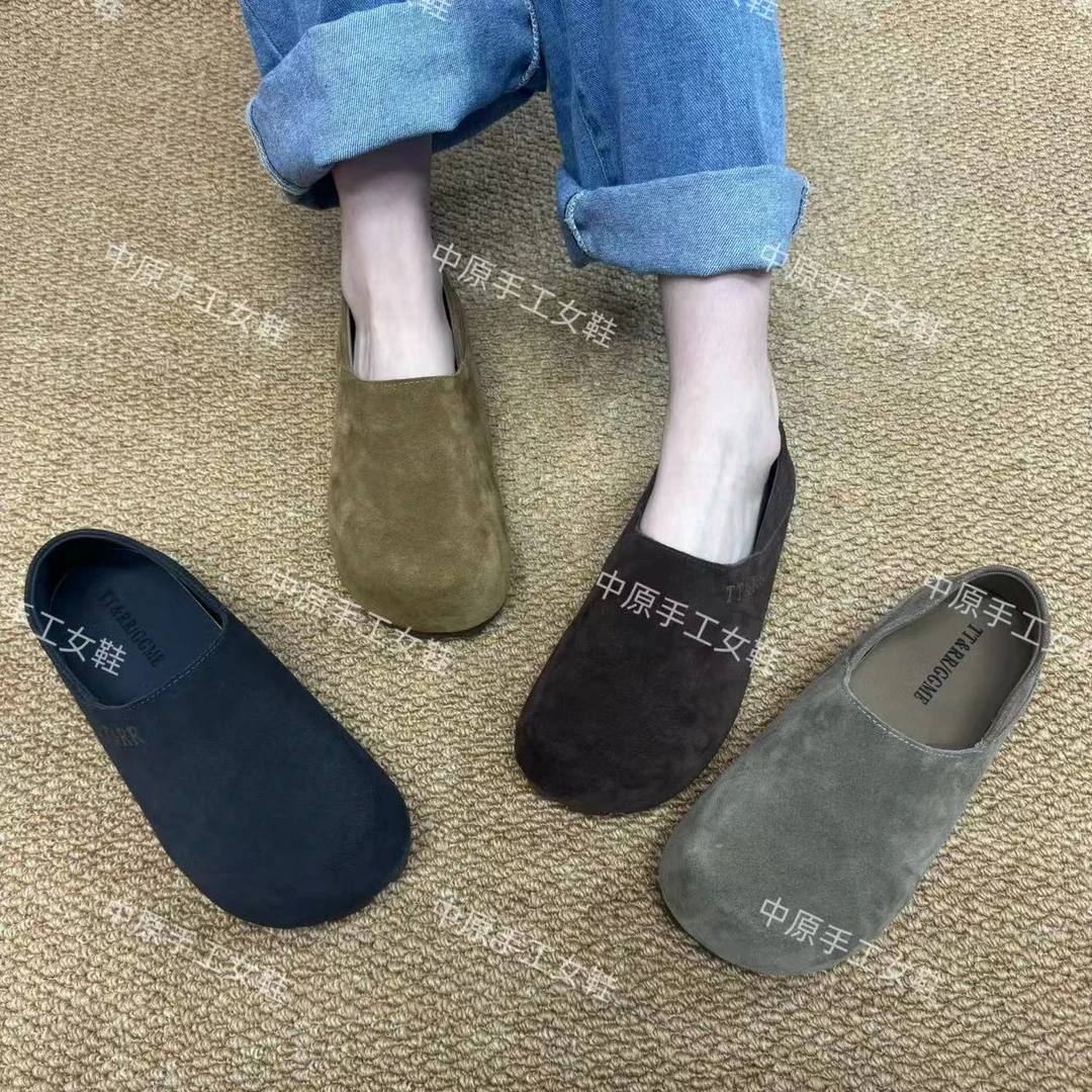 108151新款休闲风牛皮圆头单鞋女鞋一脚蹬舒适日常百搭小皮鞋