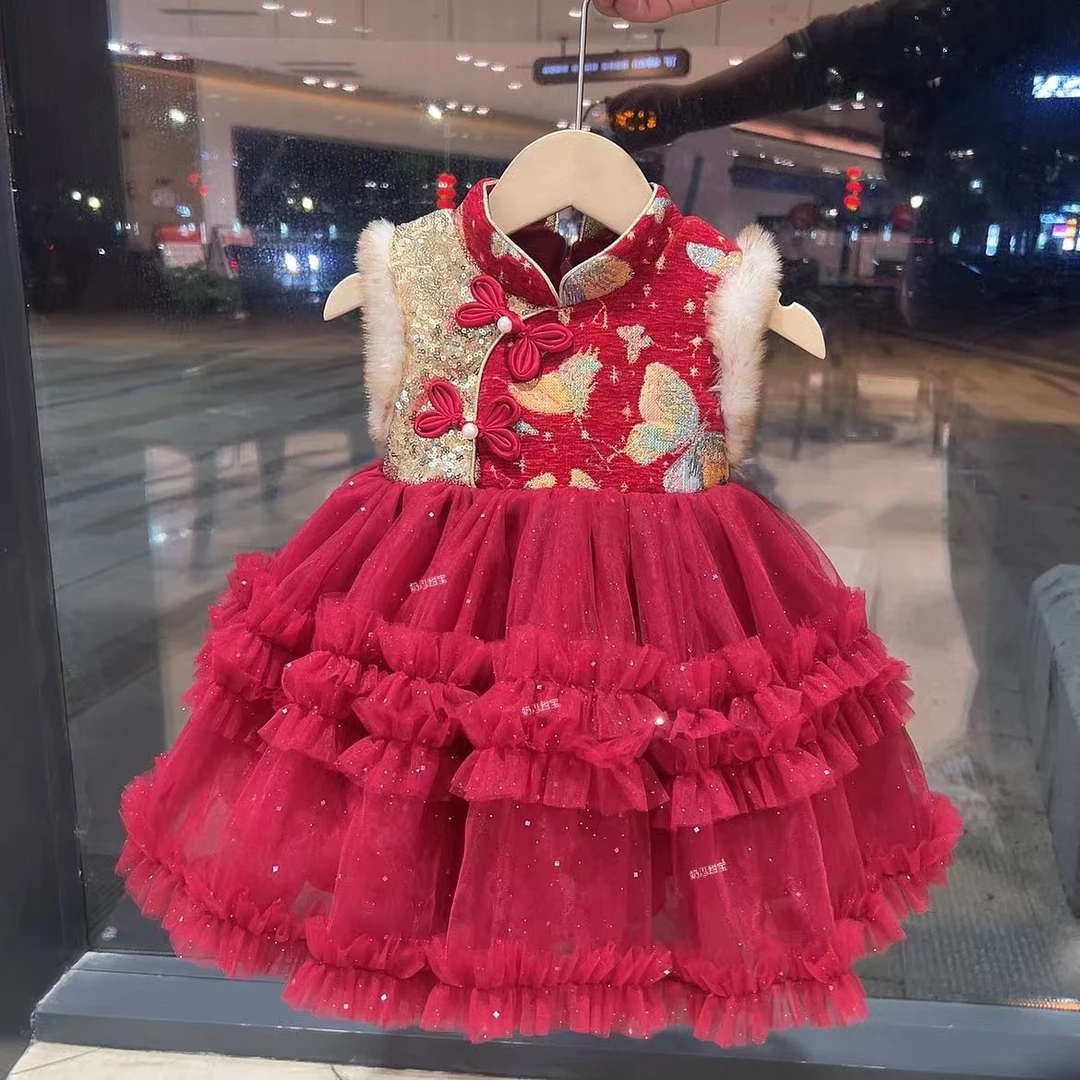 2025新中式安可拉红公主裙年服加绒女童秋冬加绒公主裙儿童公主裙