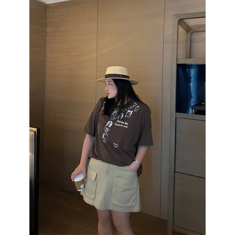 铅笔小鑫大码女装 亲肤透气 减龄涂鸦 显瘦印花T恤大码