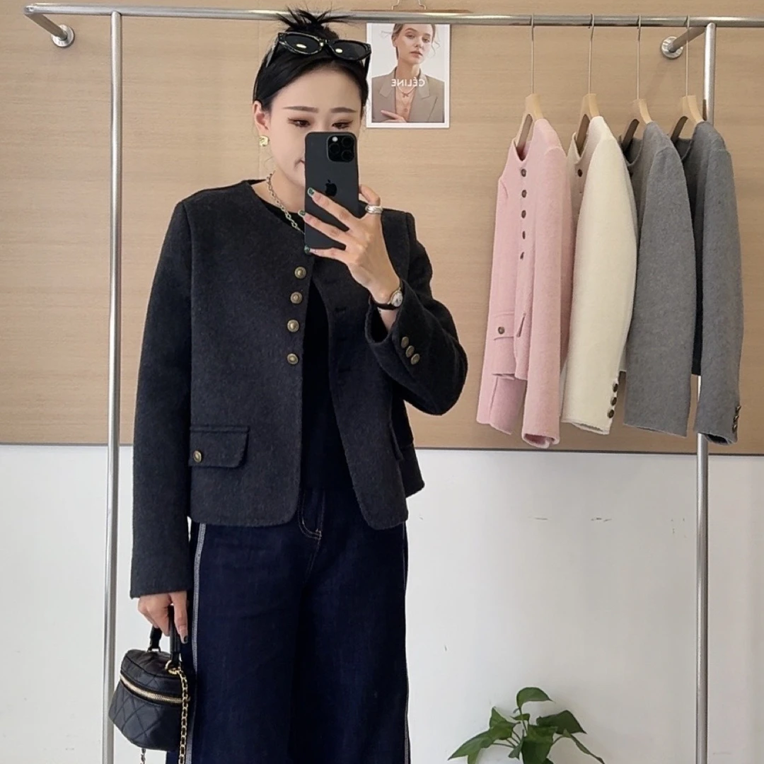 短款圆领单排扣小香风双面羊毛外套小个子加厚保暖女款