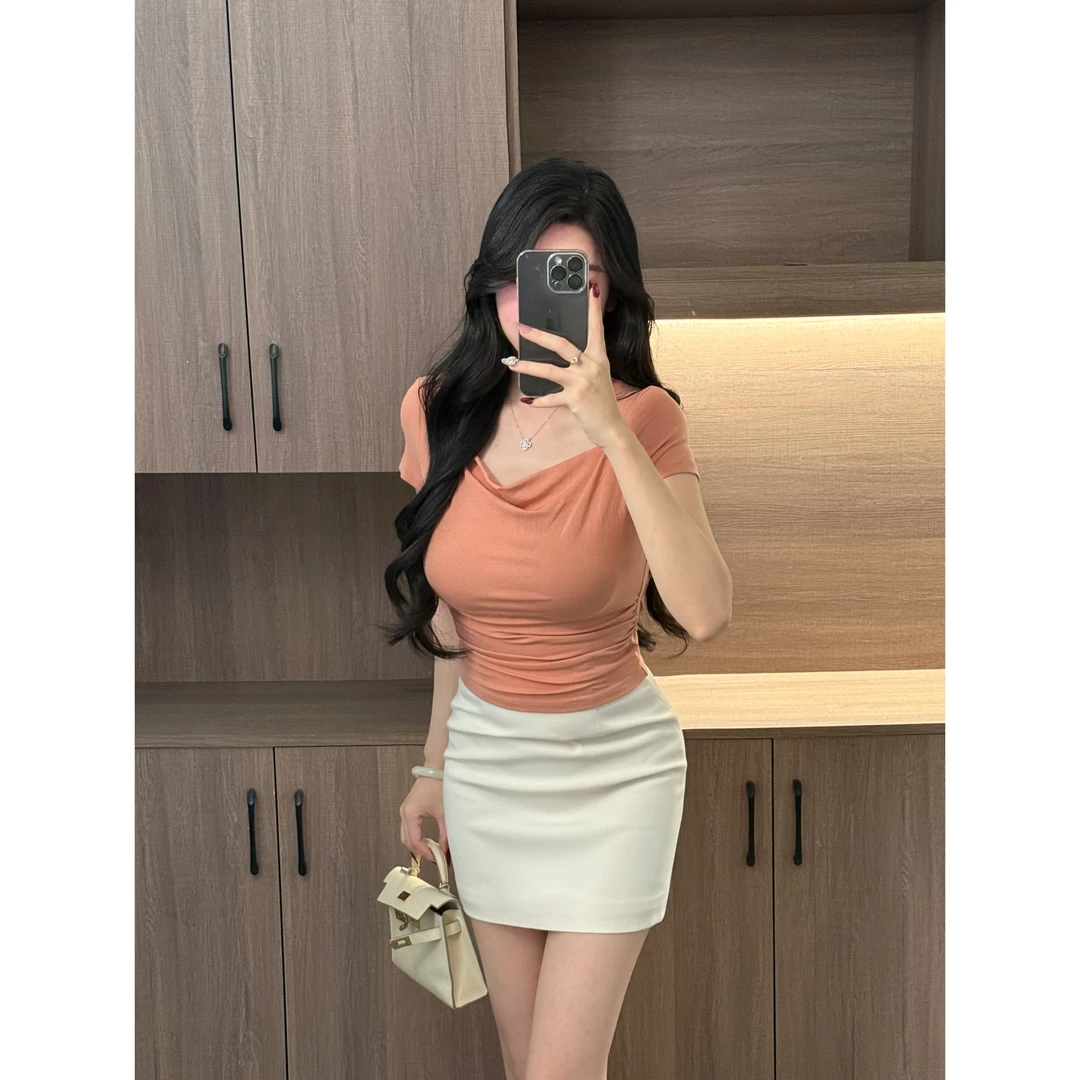 迈沃格2025夏季法式纯欲荡领褶皱设计收腰显瘦气质短袖t恤上衣女