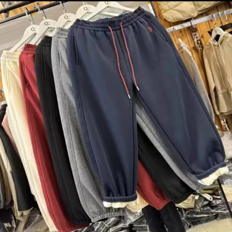 刺绣加绒加厚束脚运动休闲大码宽松美式遮肉显瘦大码保暖厚裤R34