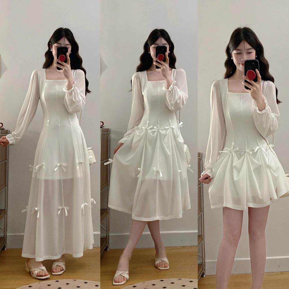 大码多重穿法三折叠裙子一裙三穿都好看气质设计感蝴蝶结连衣裙春