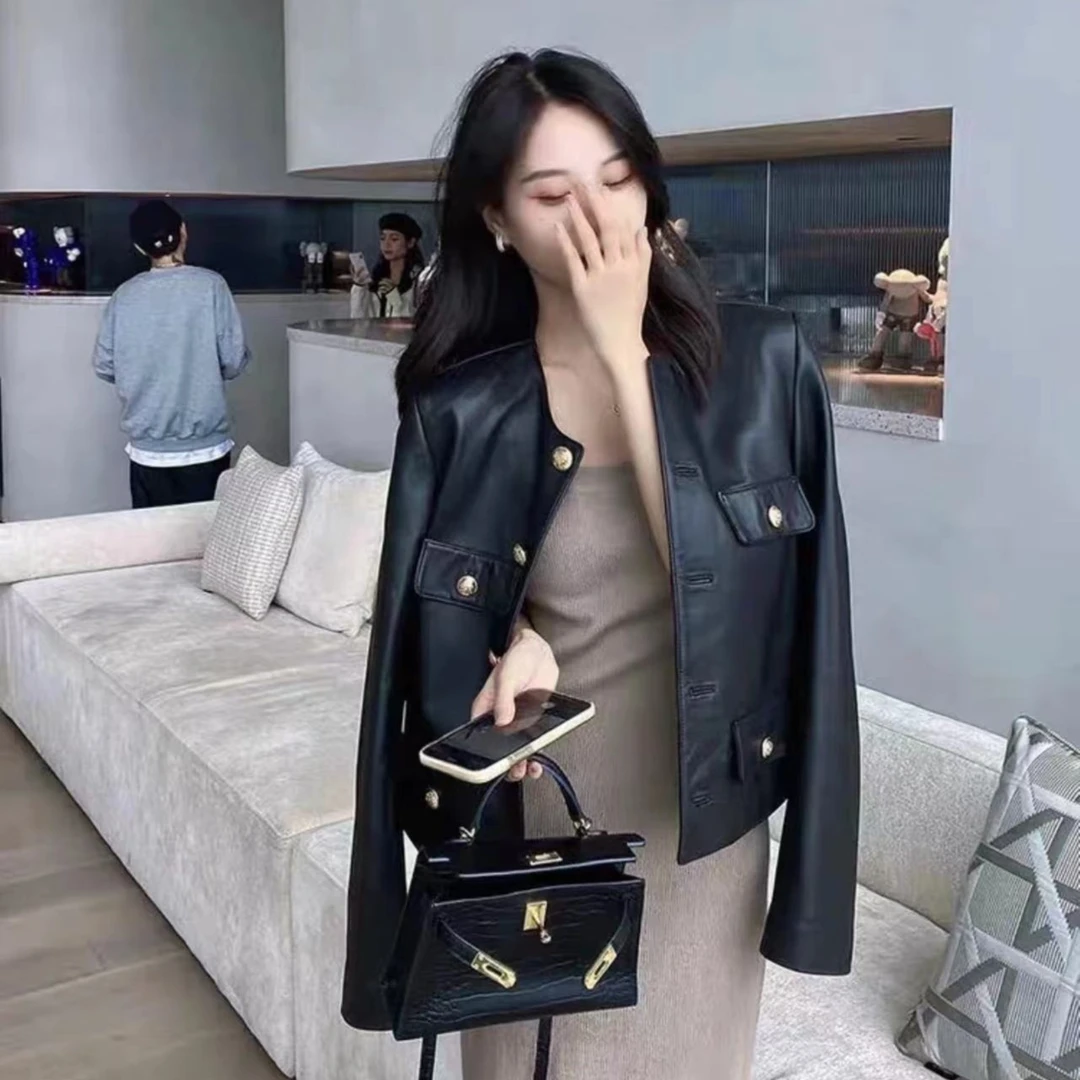 2025新款海宁小香风气质短款圆领皮衣女真皮简约休闲皮衣女外套