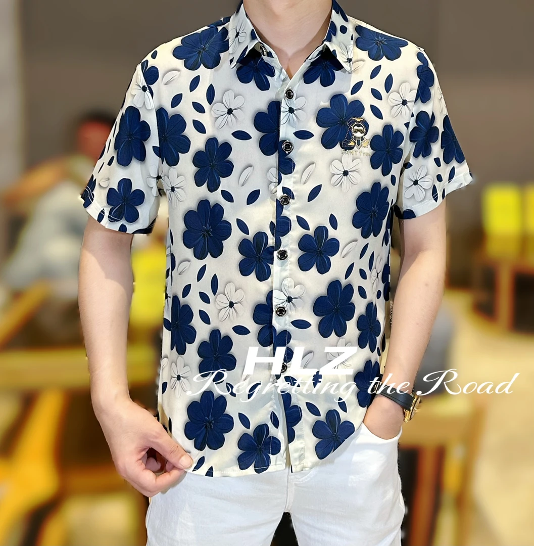 2025夏季新款男士高品质修身时尚个性花纹薄款纽扣款翻领短袖衬衫