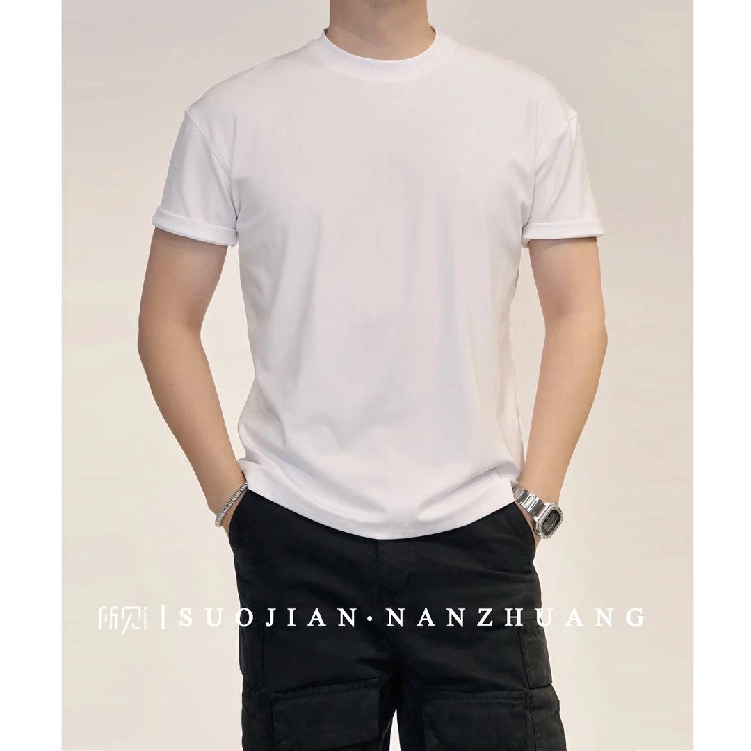 SUOJIAN时尚百搭休闲春季男生纯色舒适柔软简约透气圆领短袖T恤