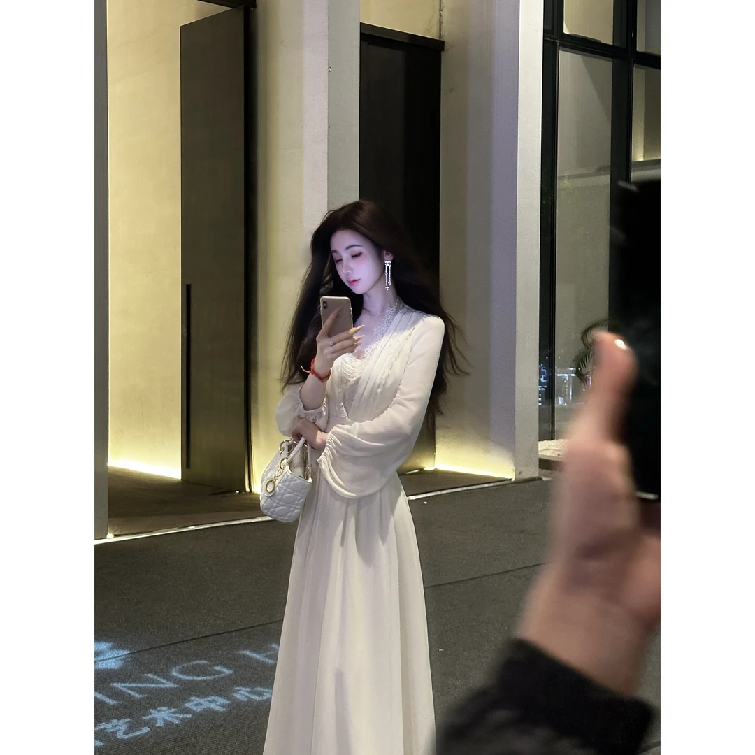 【雅乔定制】清冷神女 白月光珍珠雪纺长袖连衣裙长裙DYCC-25088359