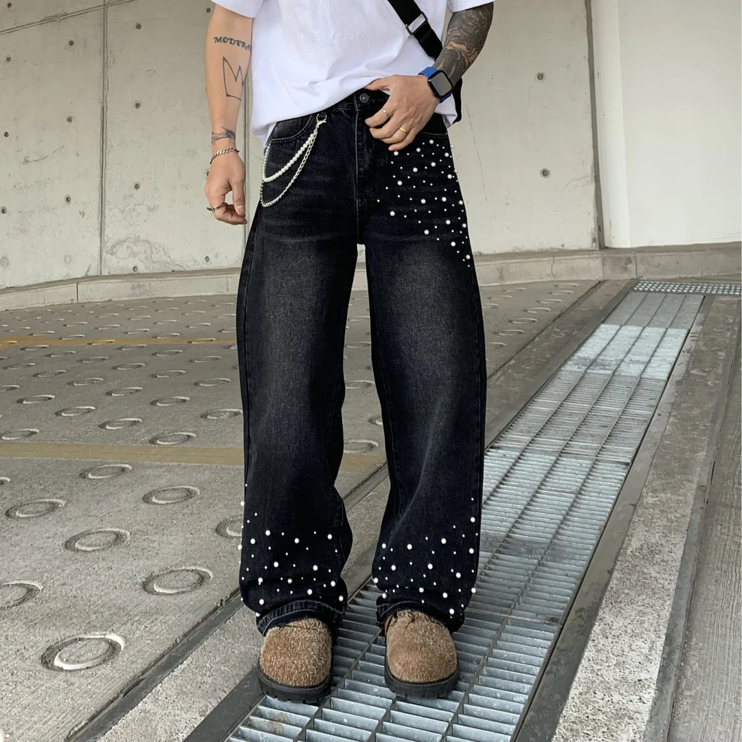 OTOTLEE新款美式休闲潮牌宽松直筒黑色水洗无弹钉珠复古牛仔裤