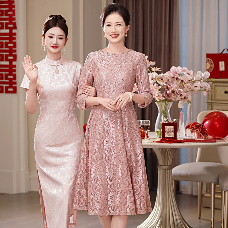 5362生日年轻时尚妈妈喜婆婆蕾丝高端婚宴轻奢礼服连衣裙平时可穿