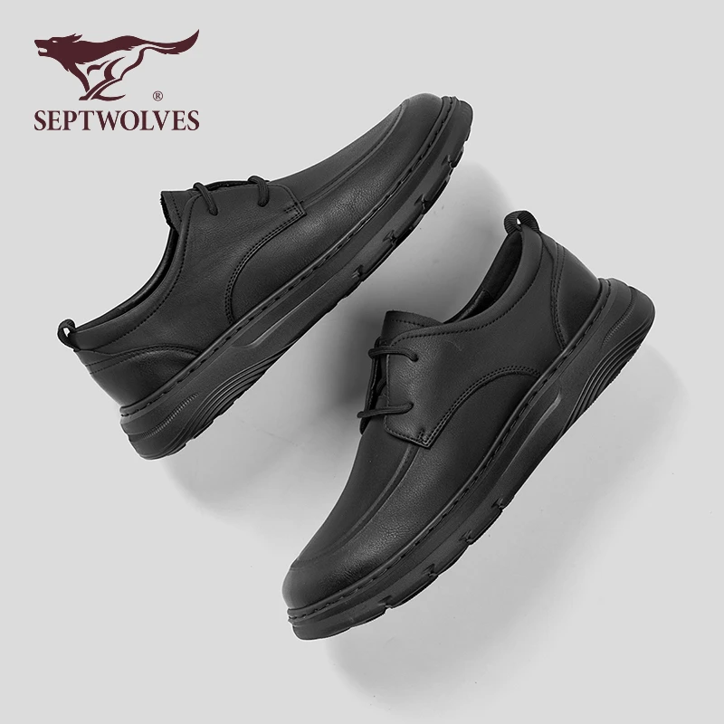 七匹狼正品男鞋秋季商务休闲皮鞋男英伦风全黑色上班通勤厚底板鞋