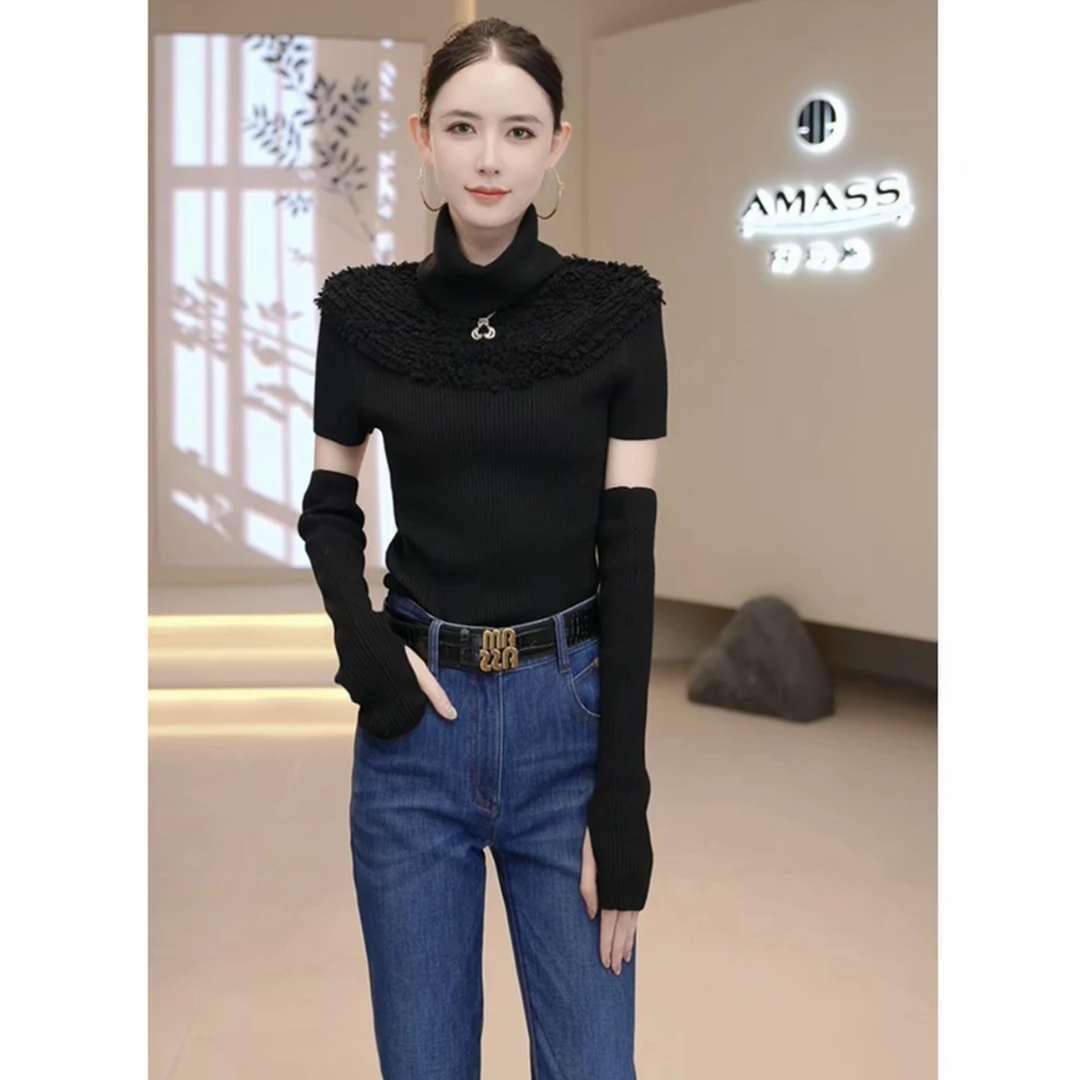 AMASS阿玛施绵羊毛秋冬复古港风时尚袖套式提花针织衫538104