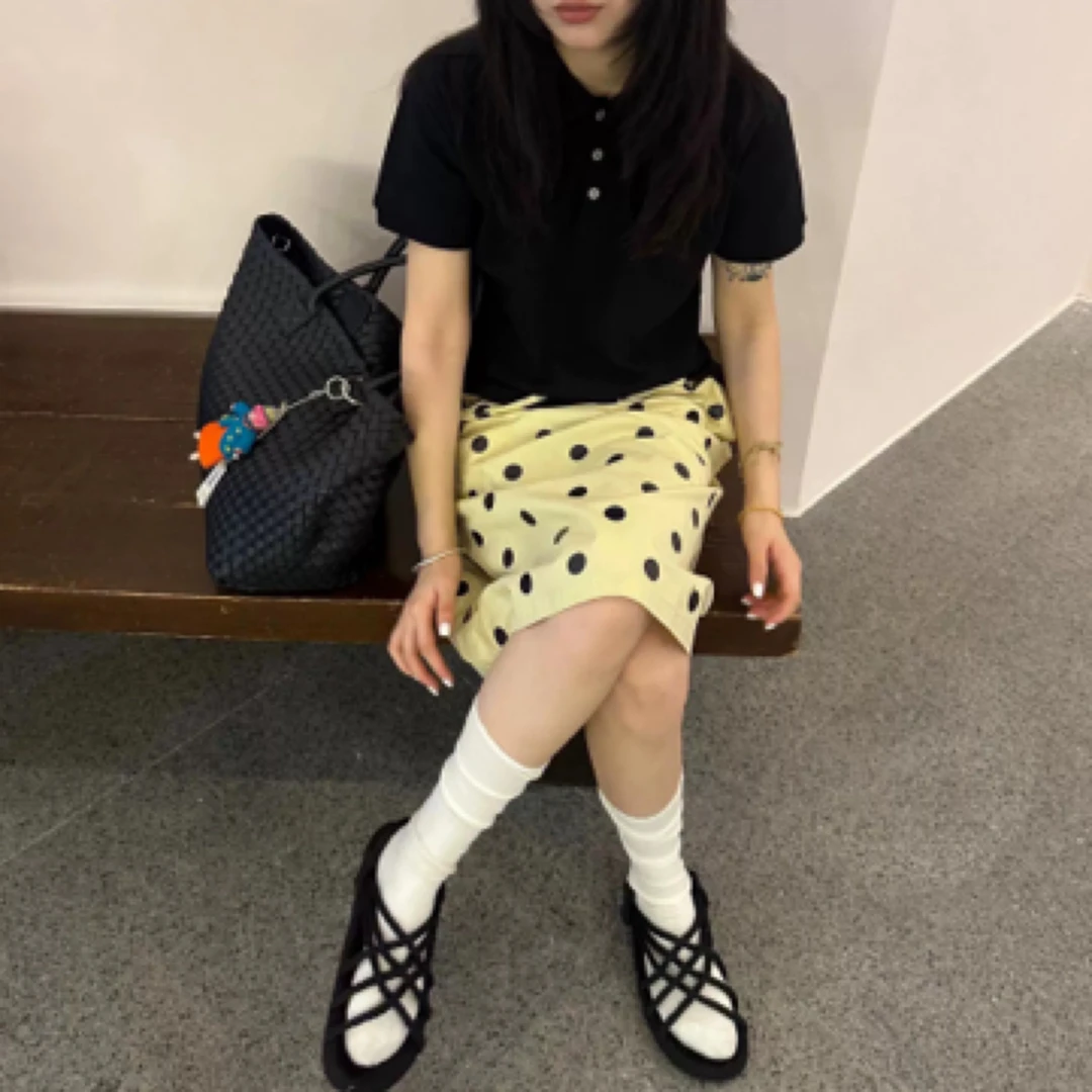 夏季波点直筒松紧抽绳后开叉百搭短款半身裙