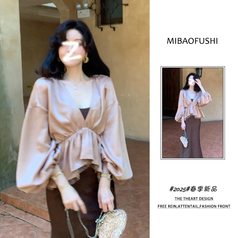 2025年春新款穿搭一整套韩系套装女韩版v领衬衫吊带鱼尾裙两件套