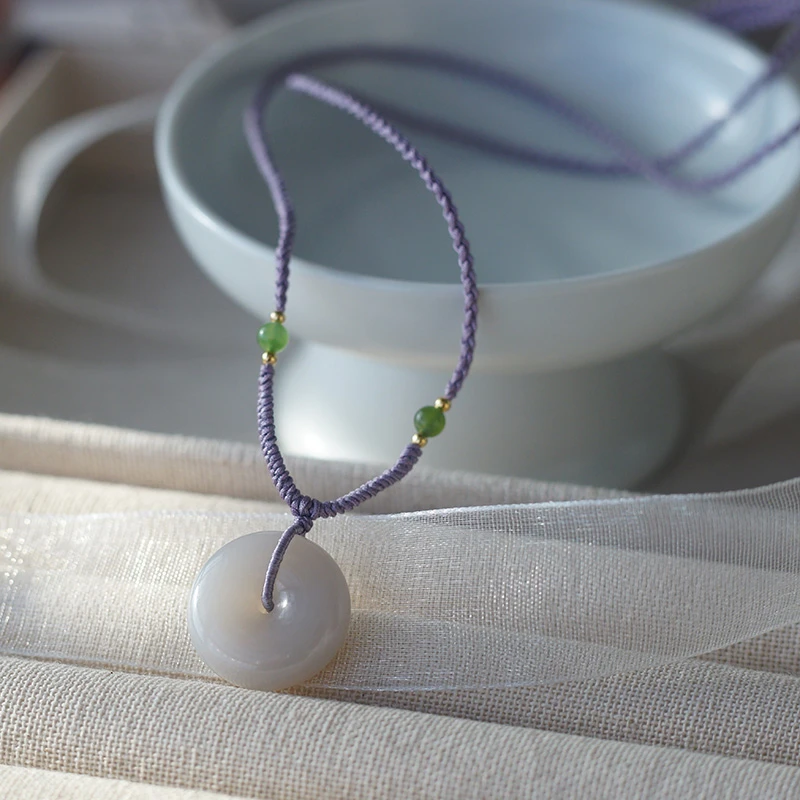 和田玉烟紫平安扣吊坠素圈面包圈挂件