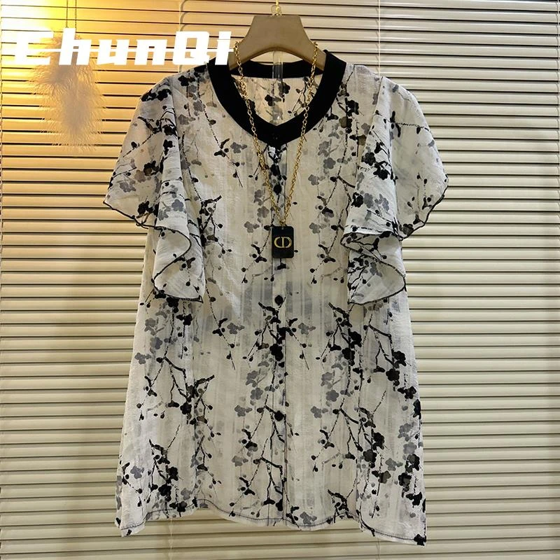 淳启夏季新款洋气减龄百搭显瘦胖MM大码时尚碎花木耳边气质雪纺衫