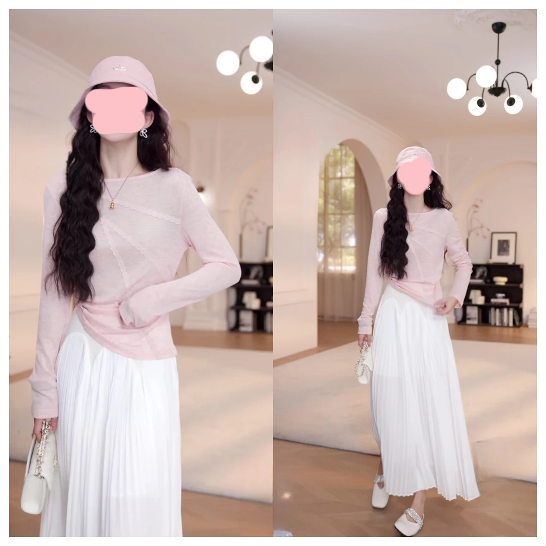 夏季新款纯色蕾丝花边长袖t恤+仙气半身裙两件套