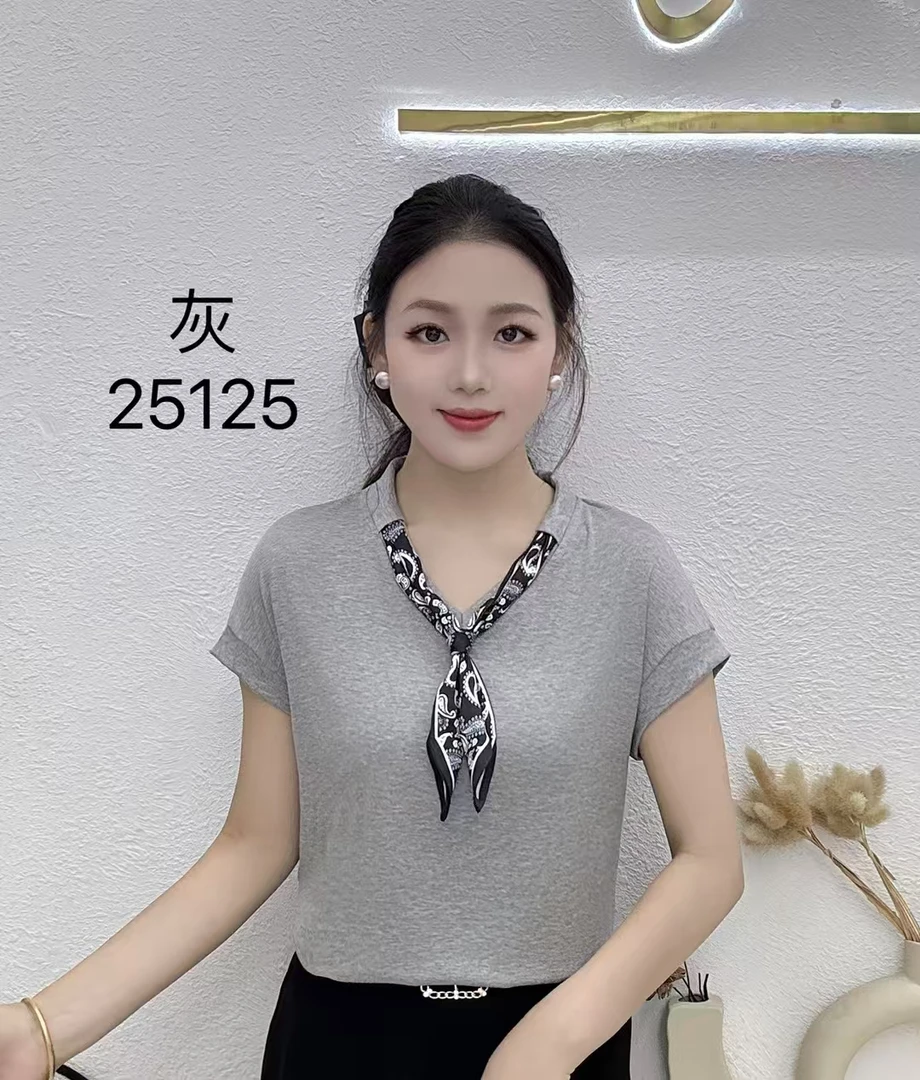2025新款丝巾洋气休闲显瘦系带拼接百搭时尚短袖上衣女#25125