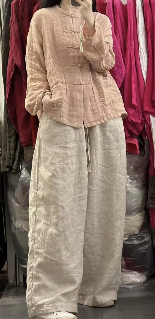 文艺百搭宽松复古个性亚麻盘扣立领宽松休闲上衣