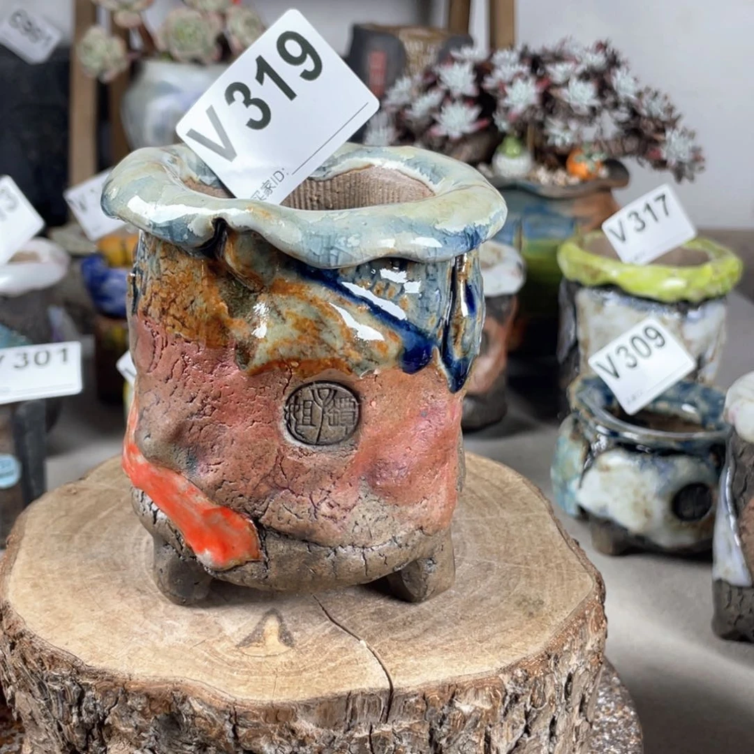 紫砂花盆孤品 不规则油画山石老桩内口5.5