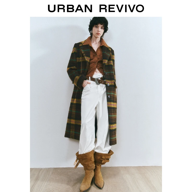 UR2025冬季新款女装撞色格纹大衣呢料外套UYV150035+