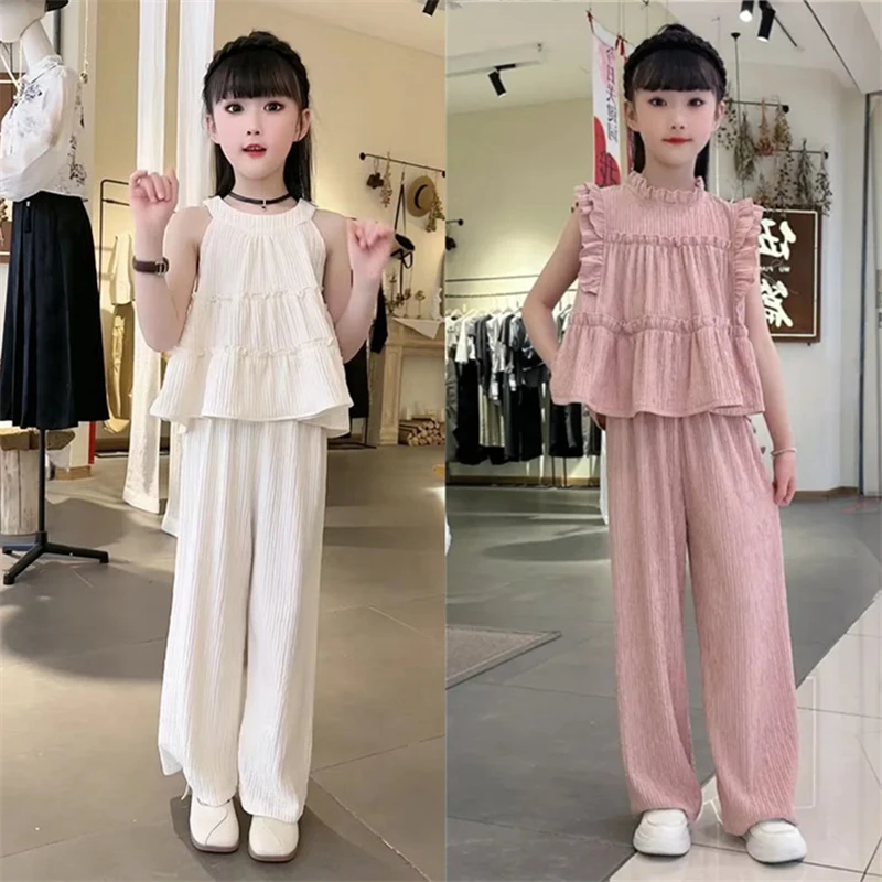 女童套装夏季2025新款韩版无袖圆领挂脖纯色上衣宽松阔腿裤两件套