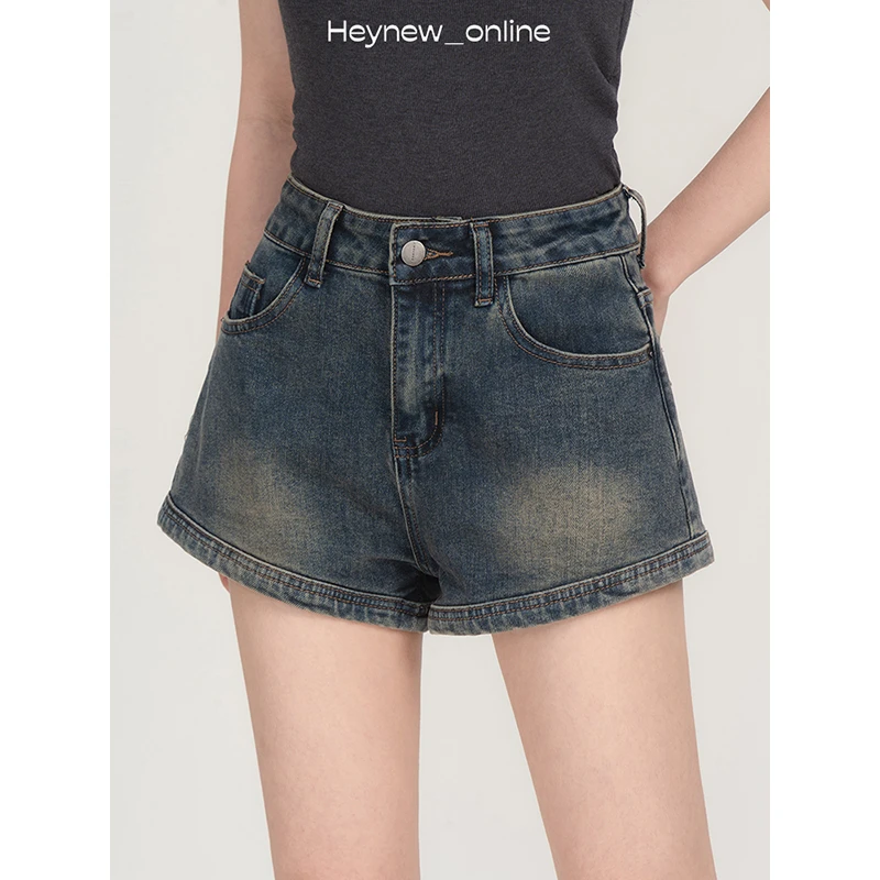 LOVEHEYNEW复古磨白拉链口袋牛仔短裤女夏高腰辣妹热裤-5C1213