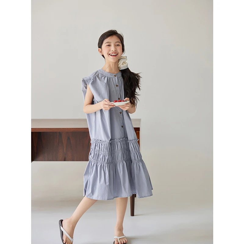 K26558木耳花边女童夏季连衣裙2025新款无袖裙子女孩A字背心裙潮