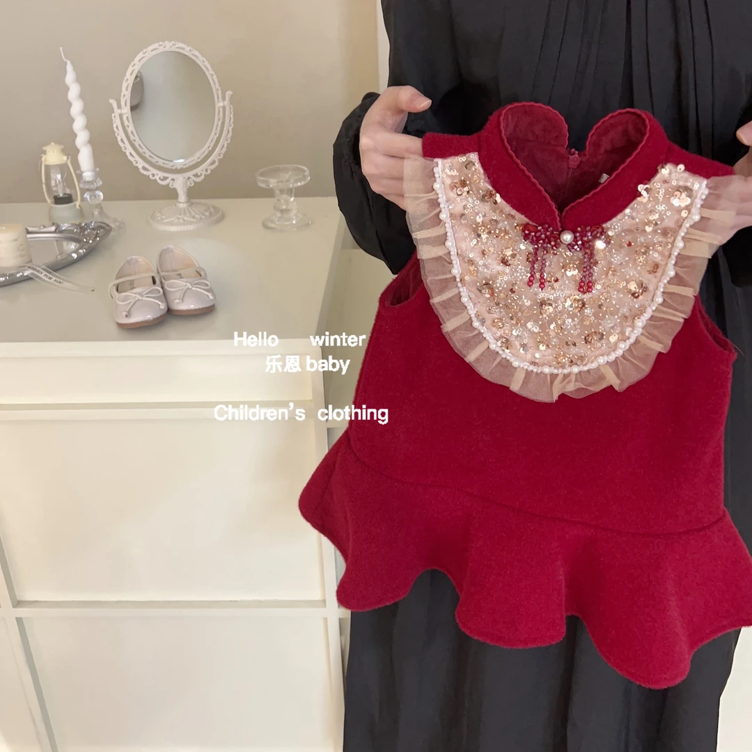 乐恩童装连衣裙儿童蕾丝花边背心裙女童公主裙洋气过年装汉服裙子