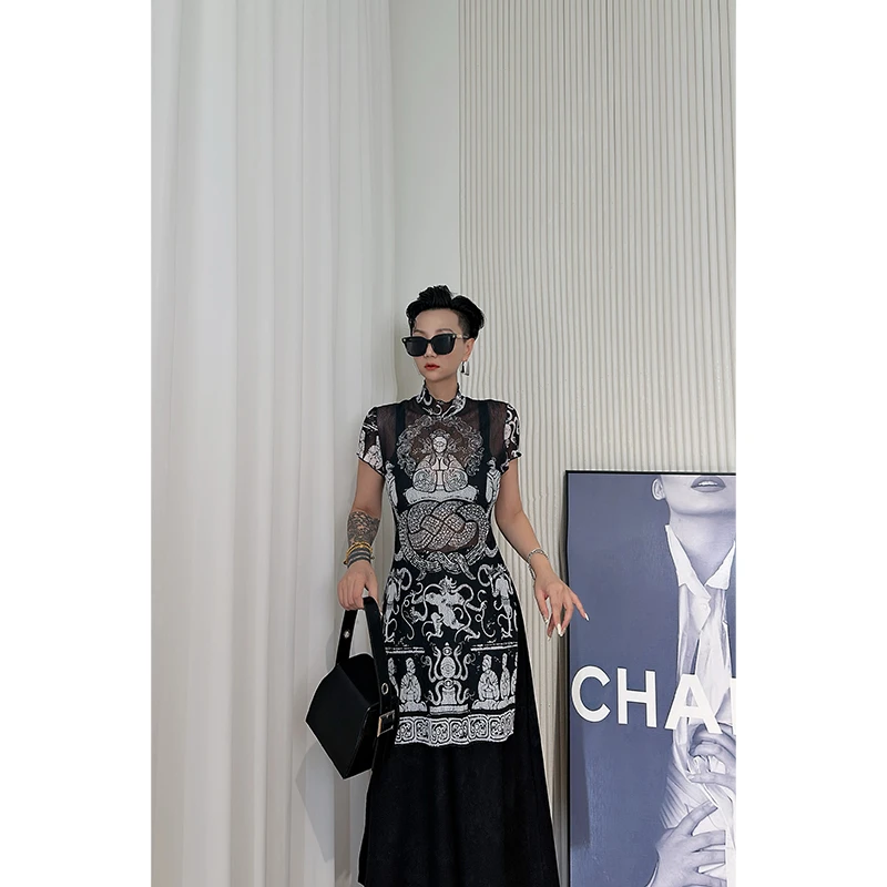 Dan Dan 女装禅意仙气飘飘连衣裙女夏季 新中式印花短袖旗袍裙子