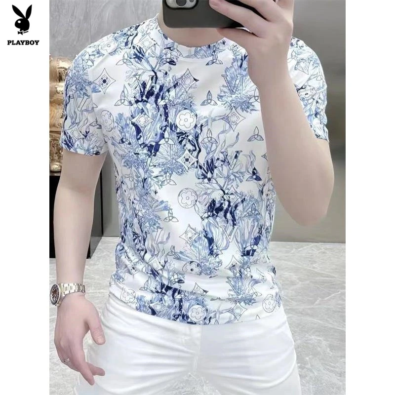 花花公子高端丝光棉短袖t恤男圆领休闲欧货潮牌半袖体恤男款帅气