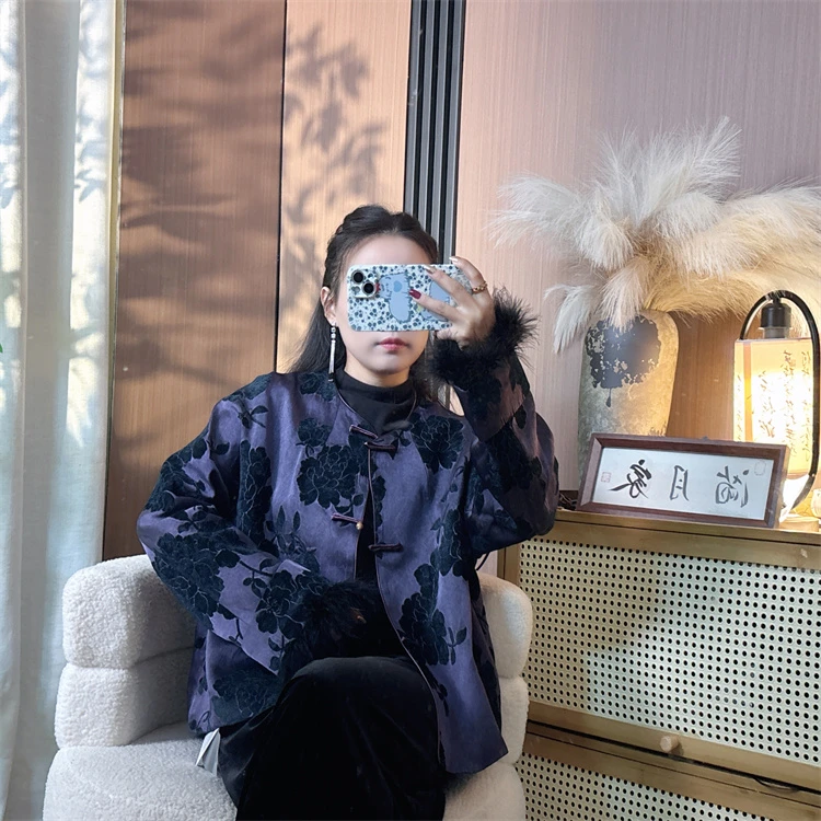 【暖冬-紫】新中式植绒中国风国潮高级感气质休闲女上衣百搭外套