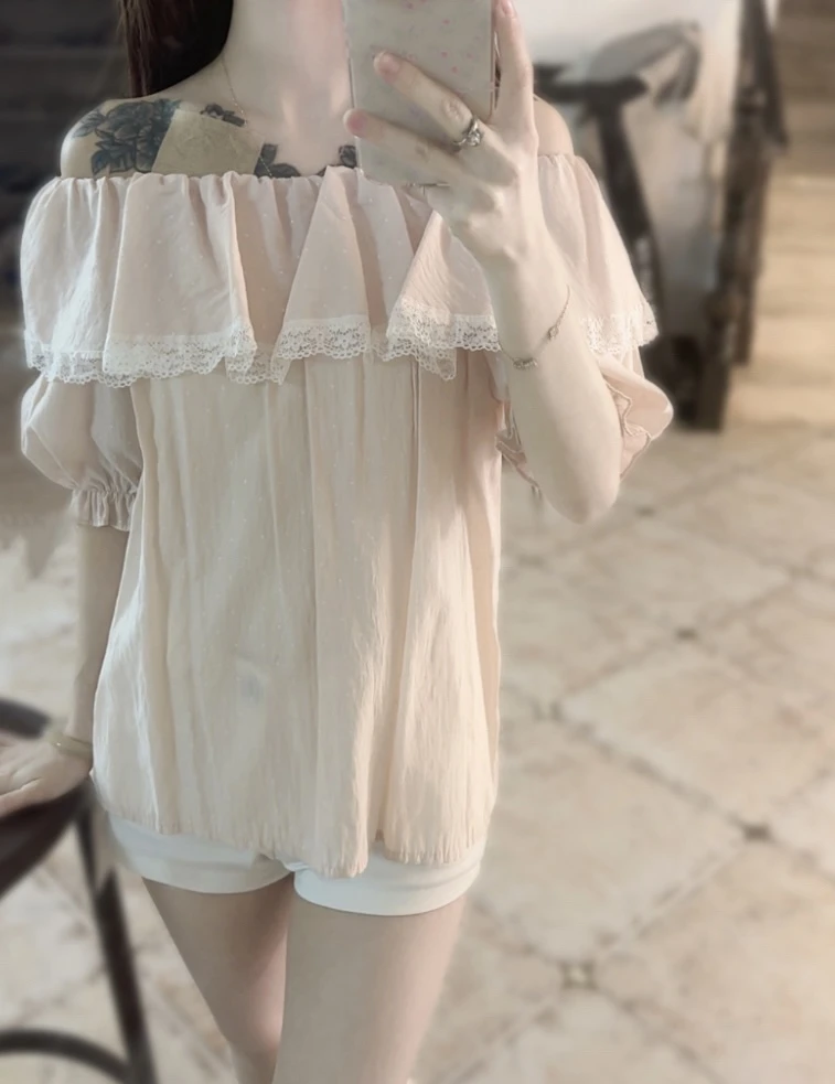 清清清！甜美蕾丝花边波点一字领短袖衬衫女减龄百搭上衣