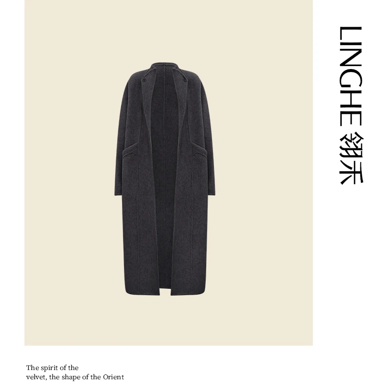 翎禾LINGHE-「麦瑟尔夫人」冬季气质圆领宽松中长款羊绒大衣外套女