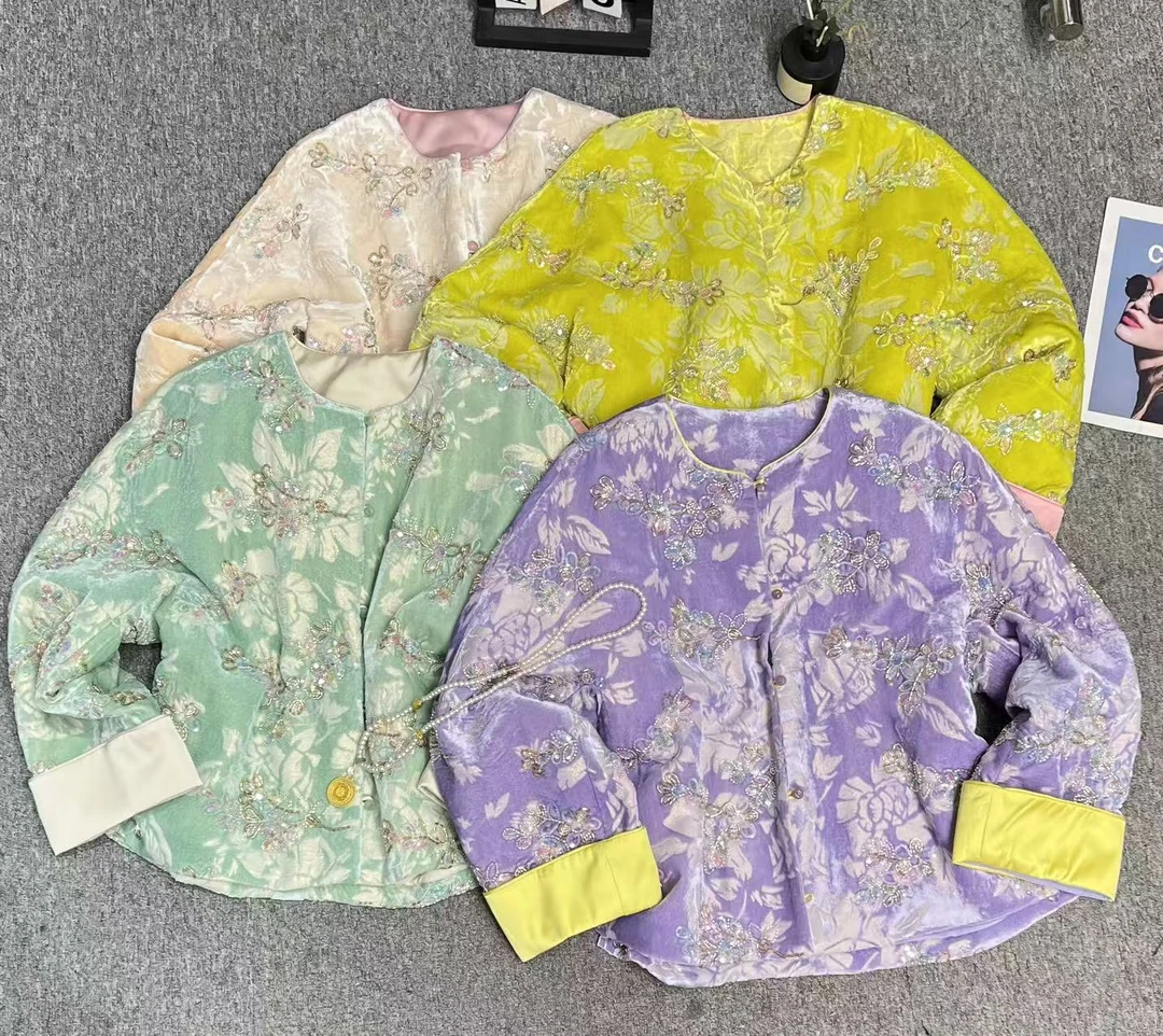 高端定制进口金属丝丝绒羊绒棉重工钉珠刺绣亮片轻奢棉服外套