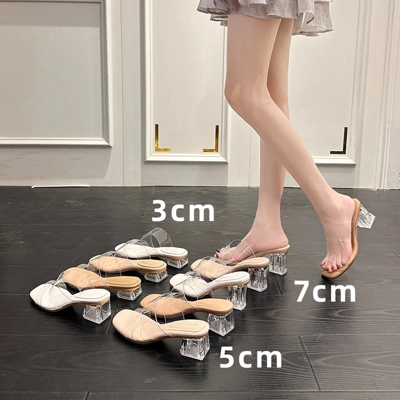 羊皮一踩屎感透明高跟鞋夏季粗跟凉鞋2025新款女士外穿水晶凉拖鞋