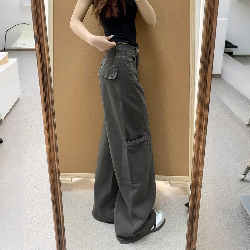 【免费试穿】灰色阔腿牛仔工装裤女宽松高腰显瘦梨形身材直筒裤子