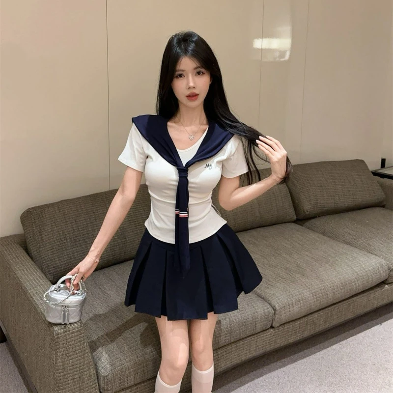学院风制服辣妹披肩短袖上衣高腰a字百褶裙jk两件套海军风上衣女